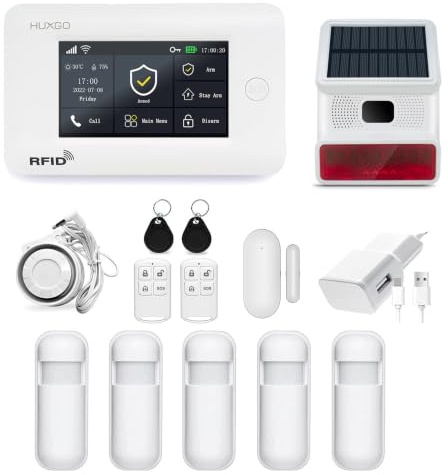 HUXGO, HXA006, Sistema de Alarma inalámbrico con 5 detectores de Movimiento y Segunda Sirena inalámbrica, Módulos: WiFi + gsm 4G, aplicación Tuya Smart, SMS, Control Desde el teléfono, Espańol