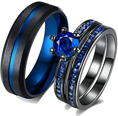 ANAZOZ 2 Stück Eheringe Paarpreis Edelstahl Vergoldet 6mm Breit Gebürstet Solitär Diamantring Blau Ringe Paar Herren Ring Breit Schwarz Trauringe aus Zweigen Frau:49 (15.6) & Mann:62 (19.7)