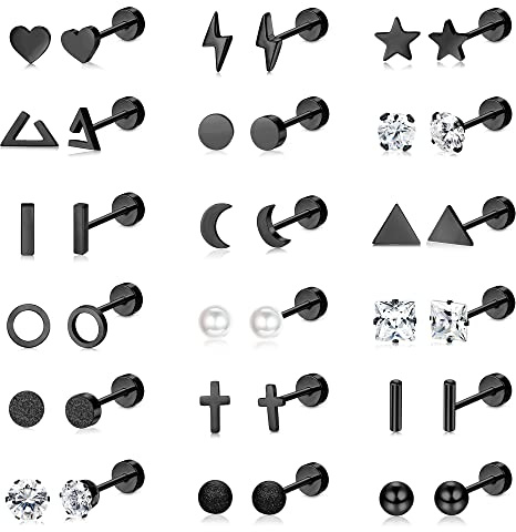 Kakonia 18 Paar Ohrstecker aus chirurgischem Edelstahl für Damen Herren - 20G Knorpelohrringe mit Kreuz, Mond, Stern Design in Schwarz-Gold mit flacher Rückseite