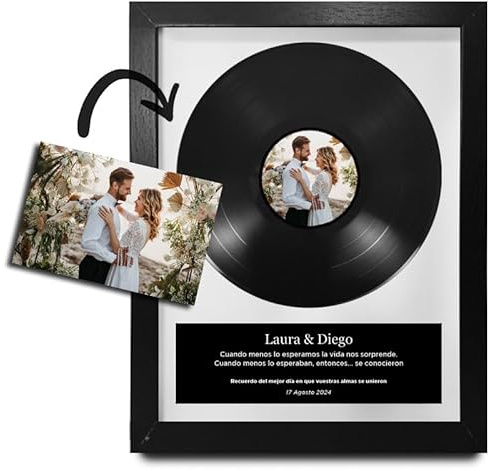 Dekorativer Rahmen, originelles Geschenk, personalisierbare Vinyl-Scheibe mit Foto und Nachricht auf Holz- und Glasbild, zum Aufhängen oder Aufstellen (30 x 40 cm). Original Scheibe 10 Zoll +