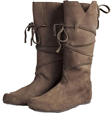 SIULAS PU-Leder-Stiefel, niedriger Absatz, Mittelrohr-Ritterstiefel, Renaissance-Mittelalter-Cosplay-Stiefel, Damen, Herren, Reit-Kostümstiefel, Herren, wadenhoch, für Cosplay, Karneval, Party, 43,