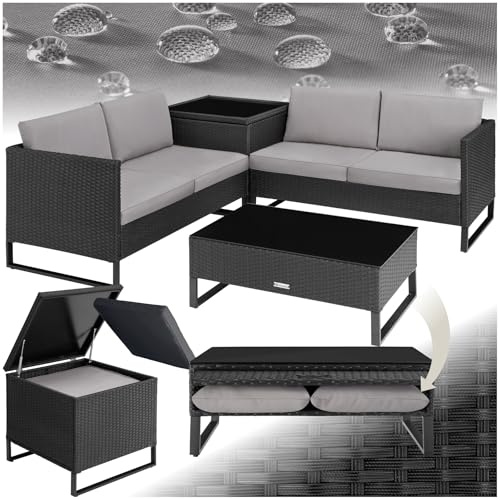 tectake® Poly Rattan Lounge Sitzgruppe, Gartenmöbel Set mit Sofa, Tisch mit Glasplatte, Auflagenbox, Outdoor Kissen wetterfest, Möbel für Garten, Balkon, Terrasse oder Wintergarten - schwarz