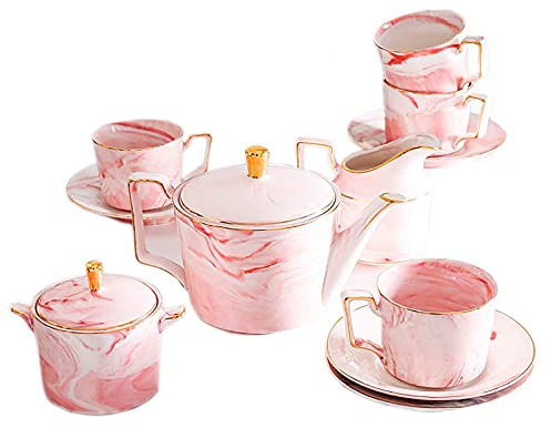 15-teiliges Porzellan-Teeservice, Teeservice für Erwachsene, Kaffeetassen und Untertassen, 6er-Set, Hochzeits-Teeservice mit Zuckerdose, Milchkännchen, Sahnekännchen, Löffeln, Rosa (Rosa) (Rosa)