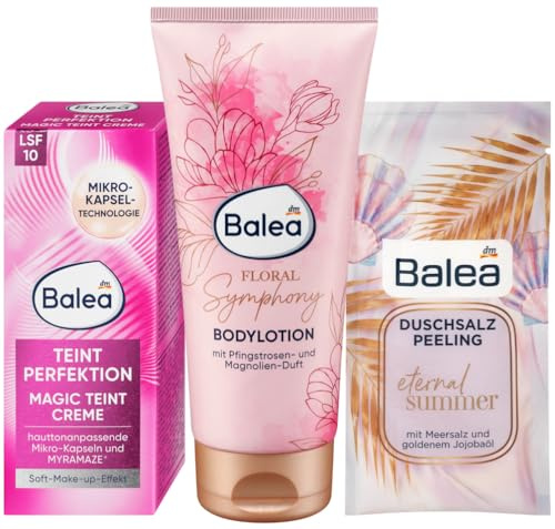 Balea 3er-Set Hautpflege: Teint Perfektion Magic Creme Soft-Make-up-Effekt LSF 10 (50 ml) + Bodylotion Floral Symphony Pfingstrose Magnolie (200 ml) + Duschsalzpeeling Eternal Summer (60 g), 250 ml
