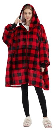 Sedefen Übergroße Hoodie Decke mit Ärmeln,Plüsch Flanell Fleece Oversized Hoodie Sweatshirt,Sherpa Kapuzenpullover mit Reißverschluss,Flauschig Sweatshirt Deck Für Damen Herren,Rot Kariert