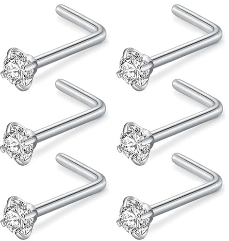 ESHIONER G23 Titanio Piercing Naso Nostril Piercing Orecchini Naso Brillantino Piercing a Uncino Argento Oro Antiallergici Senza Nichel Donna Uomo 3mm CZ 20g 6 Pezzi