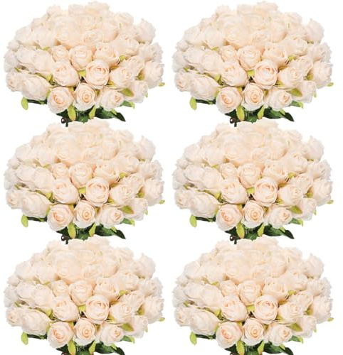 Jexine 50 Pcs Artificial Rose Flower Bulk Realistic Silk Fake Roses with Long Stem Plastic Artificial Flower Bouquet Real Looking for Home Wedding Centerpieces Party Decoration(Beige Champagne)