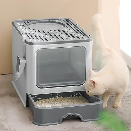OHMG Katzenklo, Katzentoilette mit Deckel, Katzenklo inklusive Schaufel, ausziehbares Tablett, 2 Öffnungen, auslaufsicherer Boden