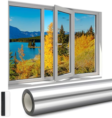 ZOCONE 400 * 40cm Pellicola Specchio per Vetri Finestre Argento, Pellicola Anti UV Isolamento Termico Pellicola Adesiva per Vetri Finestre a Specchio Pellicola Oscurante Vetri (Argento-400 * 40cm)