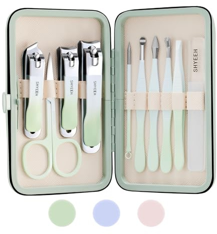Maniküre Set, Nagelset Maniküre aus Kohlenstoffreicher Stahl, 10-teiliges Maniküre Pediküre Set mit Etui Leder, Nagelscheren Set für Männer Damen(Grün)