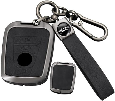 ontto Car Key Case Made of Alloy Leather, Fits BMW i3 i8 Series, Remote Control Cover, Key Case, Keyless Access Accessories, (4 Buttons Horn), Black