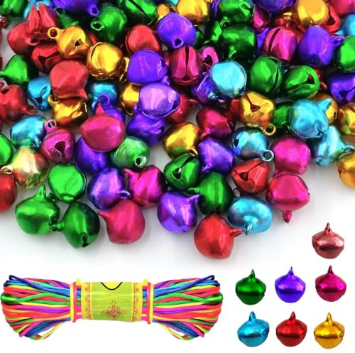 150 Stück Metallglöckchen, 14 mm Glöckchen mit Ösen，mit 20m bunt Seil, Bastelglocken Bells Kleine Glocken Weihnachtsglocken für Festivaldekorationen,Schmuckherstellung, Hundehalsbänder(7 Farben)