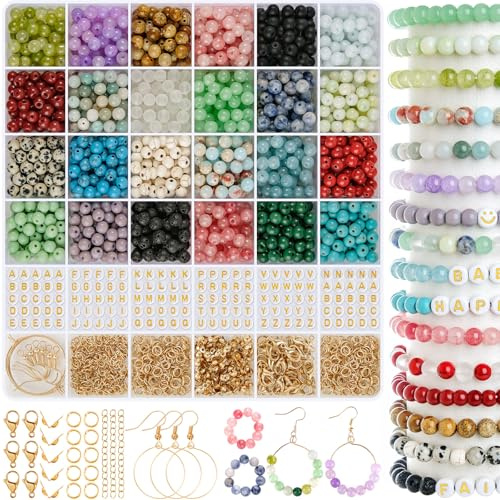 EUES 24 Naturstein Perlen zum Auffädeln, 6mm Edelstein Perlen Set für Armbänder Selber Machen mit Holzperlen, Buchstabenperlen & Zubehör