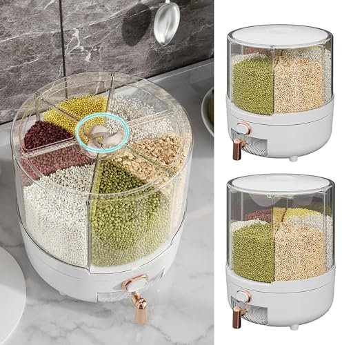 Recipiente para arroz, dispensador transparente giratorio para arroz a 360°, recipiente para frijoles, recipiente para legumbres, dispensador de alimentos extraíble con tapa con 6 compartimentos para