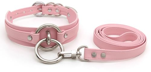 lalatia Damen Halsband O Ring Kunstleder Choker Halskette (Rosa Silber mit Leine)