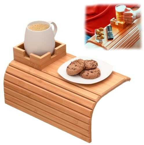 PEARLUTO Foldable Bamboo Tray with Cup Holder, Bamboo Arm Rest Tray for Couch, Couch Armrest Table, Bamboo Couch Cup Holder, Couch Arm Rest Tray (Style 3)