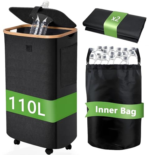 Yichalodge 110L Pfandflaschen Sammelbehälter mit Deckel und Rollen, Groß Behälter Leergut Aufbewahrung, Pfandflaschen Aufbewahrung mit 2 Beutel für Küche Abstellraum Flaschentasche, Schwarz