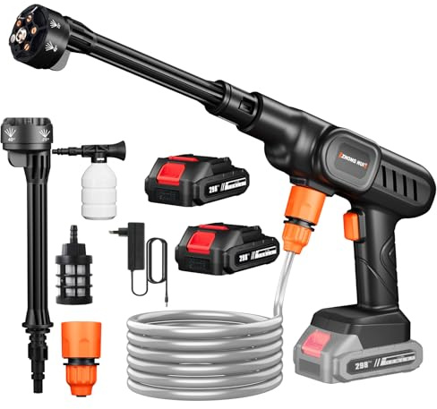 Hidrolimpiadora Zorive Batería 21V MAX 60Bar con Boquilla 6 en 1 y Pulverizador de Espuma, Hidrolimpiadora Portátil para Limpiar Coches, Jardín (con 2x6000mAh Batería)