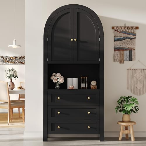 Merax Hochschrank Aufbewahrungsschrank 180cm, Mehrzweckschrank mit 2 Türen, 3 Schubladen, Offener Lagerraum, Vitrinenschrank für Wohnzimmer Büro Küche, freistehende Hoher Bogen-Küchenschrank, Schwarz