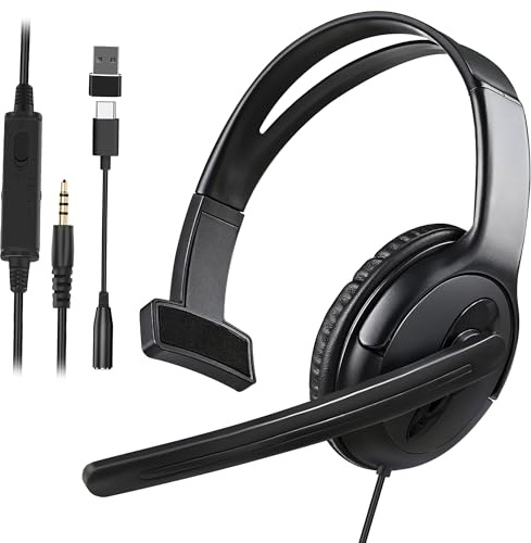 Casque filaire à une oreille avec micro, 3,5 mm/Type-C/USB pour PS5/PS4/Xbox/Switch/PC/iPhone/iPad/Mac/Tablette/Android, casque de jeu à oreille unique pour bureau, affaires, équipes de travail