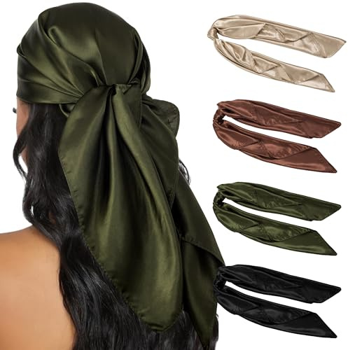 HBselect 4er Set große Kopftücher für Damen Sommer, Bandana Damen 90×90 cm | große quadratische Schals, Seidentuch Damen, vielseitiger Haarschmuck, Haartuch, Halstuch, Accessoires für Festival-Outfits