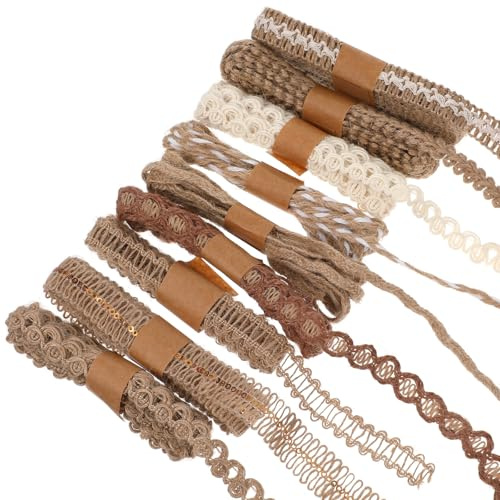 DOPENSPI 9 Rollen Geschenkband aus Natürlichem Jute, Vintage Craft Gewebtes Sackleinenband Boho Geschenkbänder für Kleidung, Hüte, Geschenkverpackungen, Heimdekoration und Partybasteleien