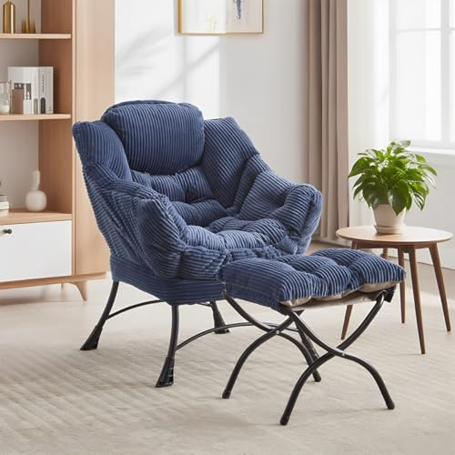 LIFEISLE Ohrensessel mit Hocker, Lazy Chair mit Ottoman, Relaxsessel mit Armlehnen, Moderner Loungestuhl mit Fußstütze und Seitentasche im Wohnzimmer Lesesessel, Cord Navy Blau