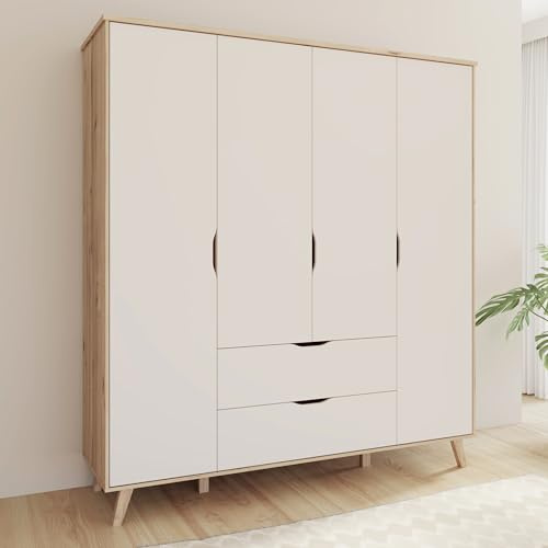Forte VANKKA Armadio 185, moderno con 4 ante girevoli e 2 cassetti, gambe in filigrana, legno di quercia planked | bianco, 184,1 cm di larghezza x 201,5 cm di altezza x 52,7 cm di profondità