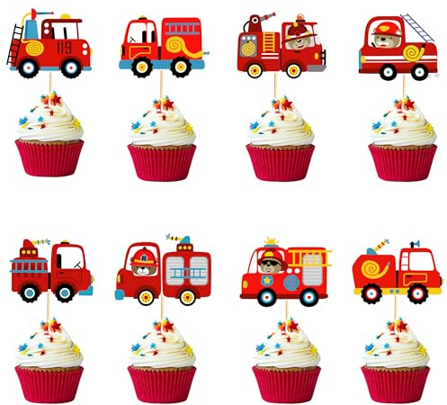 Arthsdite 24 Stück Feuerwehrwagen Cupcake Topper Bär Feuerwehrmann Feuerwehrauto Geburtstag Dekorationen Feuerwehrmann Geburtstag Party Dekorationen
