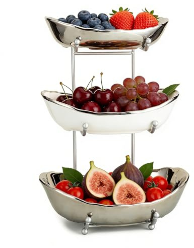 YYW Fruit Bowl, 3 Tier Ceramic Bowls with Metal Stand, Silver | Large Capacity Ceramic Bowls, Metal Stand, Kitchen Counter Storage Holder for Fruits, Vegetables, Snacks, Bread, Nuts