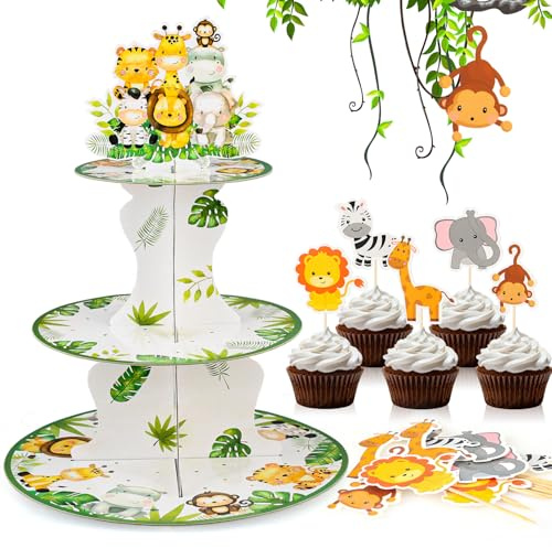 Dncvb Soporte para magdalenas con 10 adornos para cupcakes de la selva | Safari Etagere Pappe Muffinstständer für Tiere Deko Geburtstag Tischdekoration