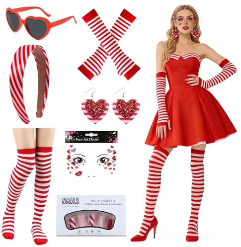 Köln Karneval Kostüm Damen, Karneval Rot Weiss Kostüm Accessoires Set mit Haarreif,Ohrringen,Herz Brill, Ringelstrümpfen,Handschuhen,Press On Nailsot, Kölsche Karnevalskostüme, Kölle Faschingskostüme