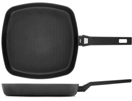 H&H Bistecchiera Titan in Alluminio con Rivestimento Antiaderente Pfluon, 28x28 cm, Colore Nero, Adatta a Tutti i Piani Cottura - Incluso Induzione e Vetroceramica, PFOA Free