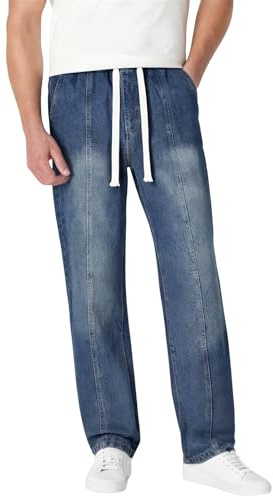 Generisch Jeans da uomo a gamba dritta, vestibilità normale, elasticizzati, in denim, elasticizzati, in vita, comodi, per il tempo libero, streetwear, alla moda, con coulisse, Blu, L
