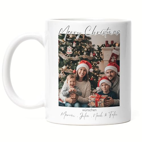 Kiddle-Design Fototasse zu Weihnachten mit eigenen Fotos selbst gestalten, Merry Christmas Kaffeetasse Herzhenkel, Familien Fotogeschenk als Tasse mit Namen, Bildern und Text Bedrucken