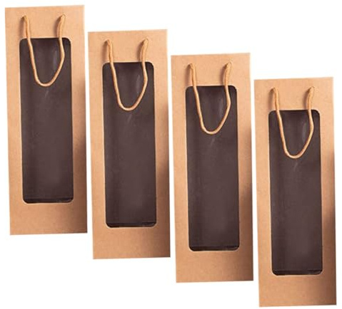 Weinflaschentaschen -pack aus Kraftpapier mit Sichtfenster und Griff | Braune Geschenktüten für Weinflaschen, Schlichtes Design, Passend für Hochzeiten und Bankette, 4 Stück