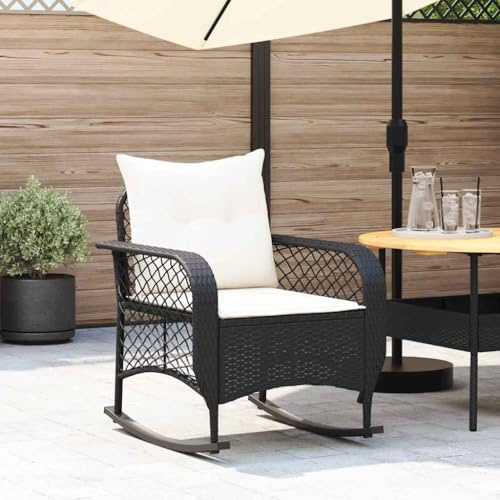 Owoxanthellate Gartensessel Schwarz Schaukelstuhl aus PE-Rattan mit cremeweißen Kissen 67x75x75 cm wetterfest und UV-beständig für Balkon Terrasse und Camping