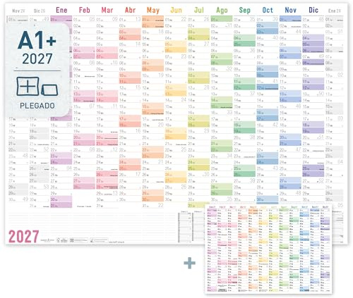 Häfft® Calendario de pared XXL 2027 A1+ en español, plegado Rainbow | Calendario anual (63 x 89 cm) de 15 meses con los días festivos de España + calendario anual en formato A4 gratuito