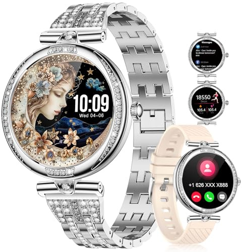 HIRREO FV4 Diamond Smart Watch for Women, 1.19 AMOLED HD Display, 100+ Sports Mode Fitness Tracker, 5ATM Waterproof/Pedometer/Sleep Smartwatch, Ladies Smart Watches for iOS Android, Sliver