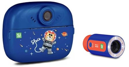 Set Macchina Fotografica Istantanea Leone blu per Bambini con Stampa Termica Seven SJ Gang, Display LCD 2”, Foto e Video 720P, Giochi e Filtri + Monocolo HD con Torcia LED Integrata