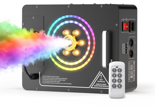 Queenfavor Nebelmaschine, 1500W Hängbare Rauchmaschine DMX mit 6 RGB LED und 2 Lichtringen, 3000CFM Smoke Machine mit Fernbedienung und 4 Lichteffektmodi für Bühne Hochzeit Halloween Weihnachten