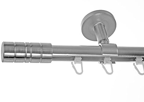 BASIT Gardinenstange Innenlauf Edelstahllook 20mm 1-läufig Decke 200cm D30 | Gardinenstangenset einläufig Deckenmontage Metall Vorhangstange Deckenhalterung 120-600cm wählbar Kappe Zylinder E34