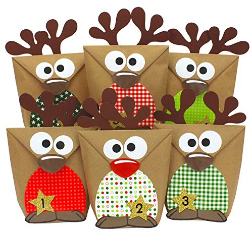 Papierdrachen Adventskalender 2025 zum Befüllen - 24 Rentiere aus Kraftpapier - bunte Muster - inkl. Zubehör - DIY Set zum Basteln & Gestalten
