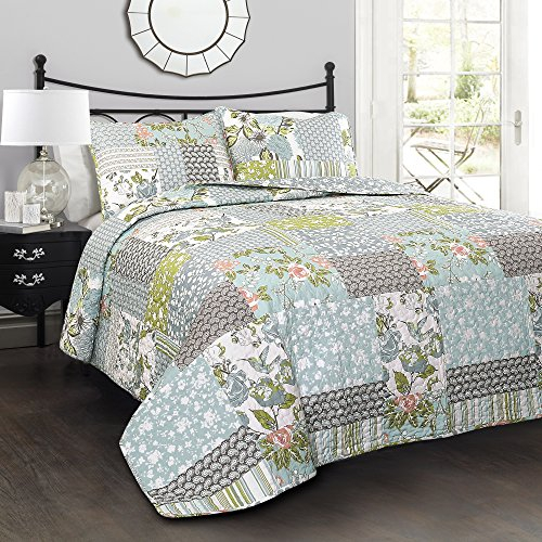 Lush Decor Set di biancheria da letto da 3 pezzi con trapunta Roesser per letto matrimoniale, motivo patchwork floreale, reversibile, stile rustico, stile fattoriale