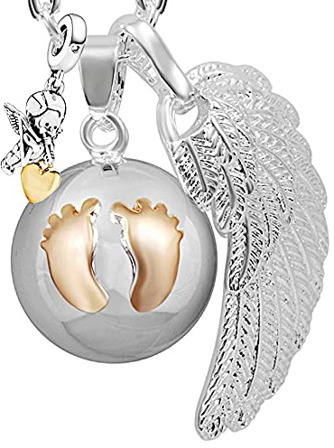 ICOOM Bola de grossesse clochette Pendentif harmony ball “Appeleur d’anges ” Bijou musicale pour Maternité femmes enceintes avec chaîne aile d'ange et Bola (114 CM, ARG-OR-P-A)