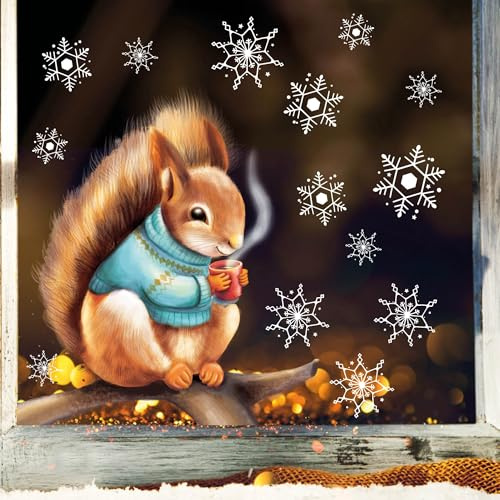 Wandtattoo Loft Fensterbilder Weihnachten mit Eichhörnchen im Pullover – Wiederverwendbar – A4 Bogen – Weihnachstdeko Fenster Kinderzimmer, Weihnachtsbilder Fenster, Fensterbild Winter