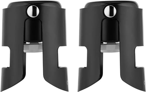 OWO Champagne Bottle Stoppers Stainless Steel, Reusable Champagne Cork & Saver Stopper, Leak Proof Prosecco & Sparkling Wine Plug, Bubble Retention Protection（Black, 2 Pack）