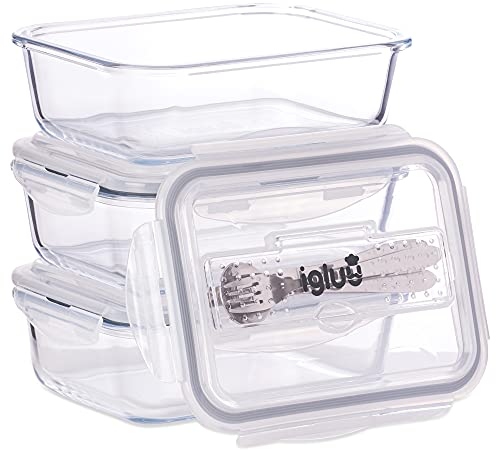 Igluu Meal Prep - Contenitori in vetro con coperchio per posate - Conservazione degli alimenti Senza BPA - Adatto al microonde, al forno e alla lavastoviglie 1050 ml (set da 3)