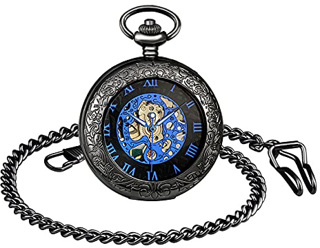 SUPBRO Taschenuhr, Skelett, graviertes Zifferblatt, Retro, mechanisch, für Herren, goldfarbenes Uhrwerk, mit Doppelkette
