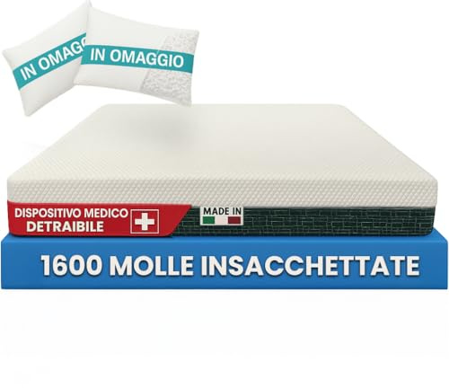 Francegaglia® Materasso matrimoniale 1600 Molle Insacchettate & Memory con Fascia 3D Traspirante + 2 Cuscino in Fiocco di Memory - Altezza 25cm - Dispositivo Medico Detraibile 160x190